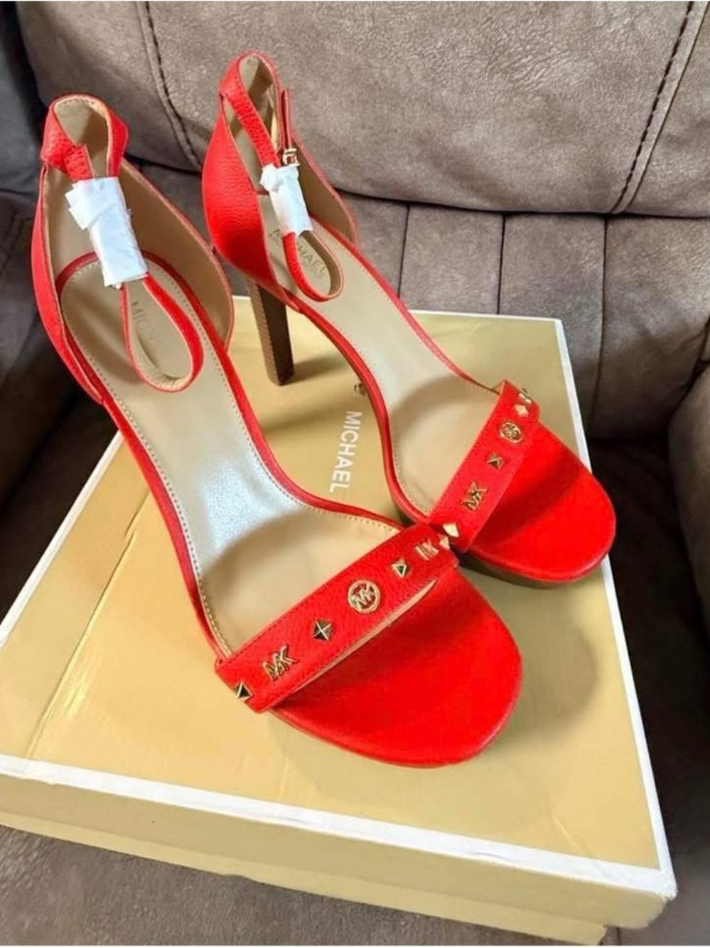 Michael Kors Red Leather Studded Platform Heels - Picture 2 of 4
